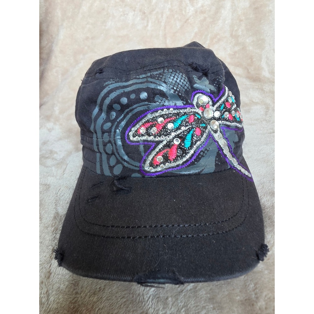 Wild Wear Black Dragonfly Rhinestone Distressed Cadet Military Hat Adjustable